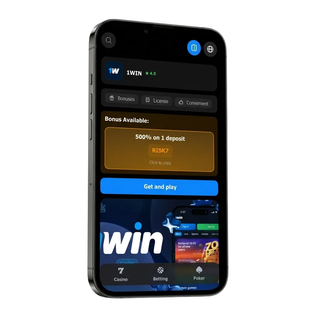 Pantalla de iPhone con la app 1win iOS para apostar y jugar casino online con pesos chilenos y bonos de bienvenida