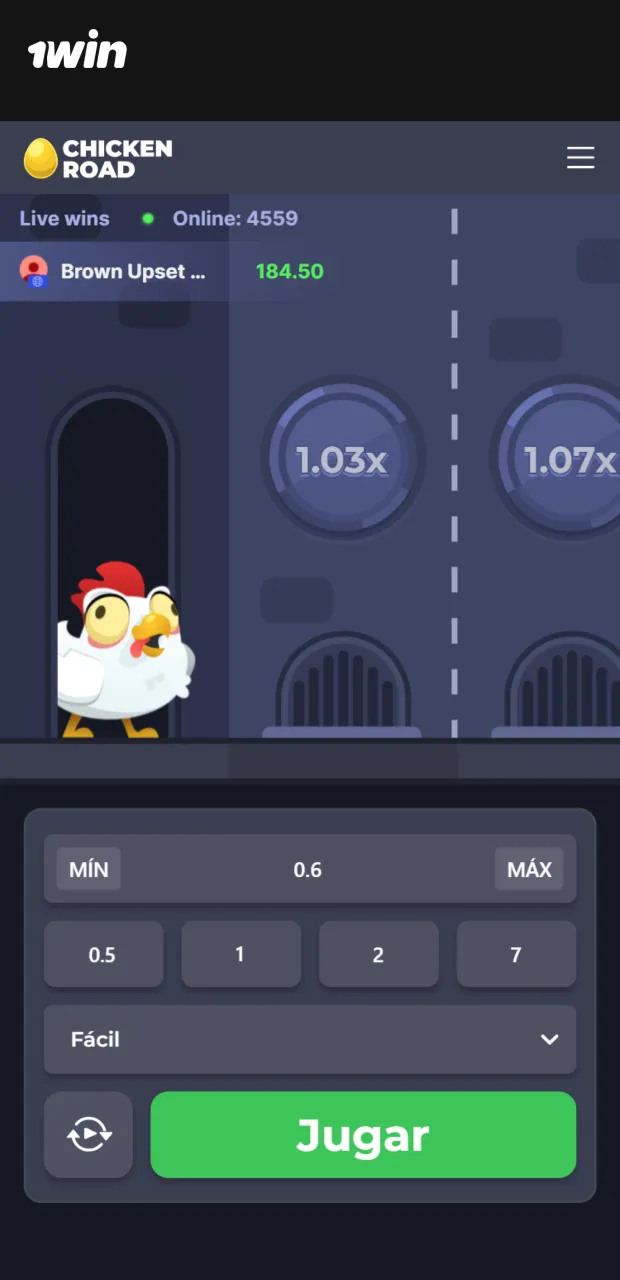 Coloca tu apuesta en 1win Chile y participa en Chicken Cross.