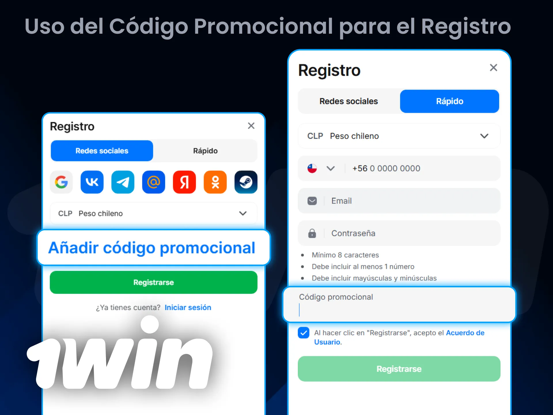 Usa el código promocional de 1win al registrarte para recibir recompensas.